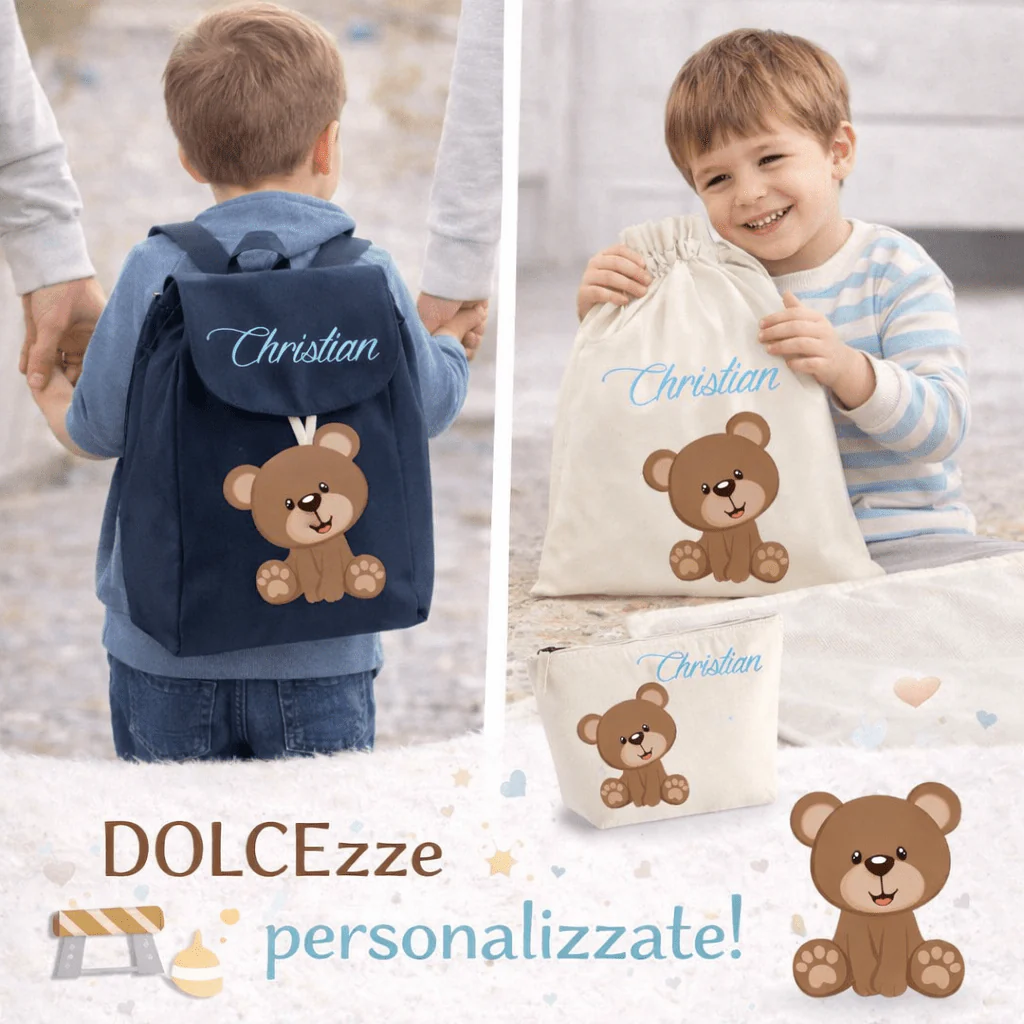 Set Asilo Completo Personalizzato – Mini Zaino, Sacchetto e Beauty Bambino Orsetto - immagine 3
