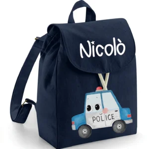 Zaino Asilo Bambino Personalizzato – Mini Zainetto con Nome Macchina Polizia