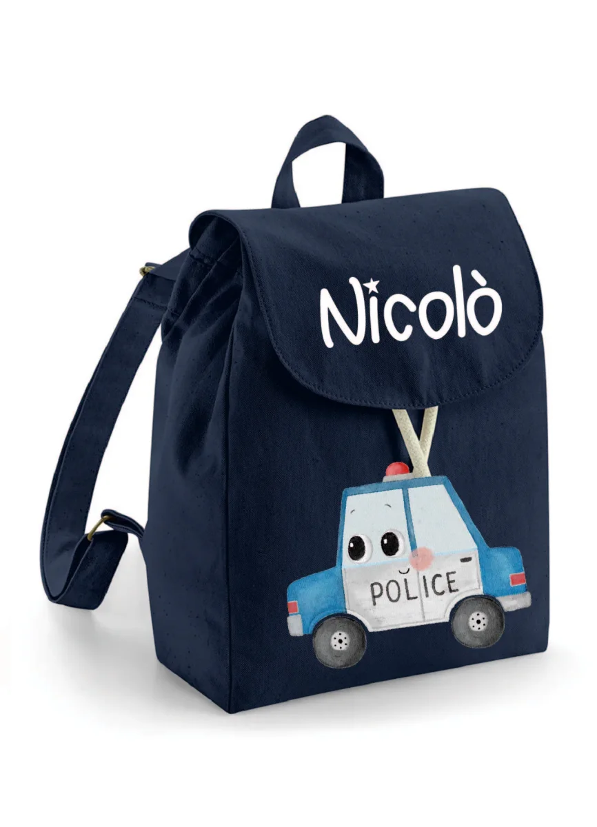 Zaino Asilo Bambino Personalizzato – Mini Zainetto con Nome Macchina Polizia