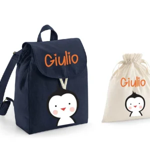 Zaino Asilo Bambino Personalizzato – Mini Zainetto con Nome Pinguino e sacchetto cambi