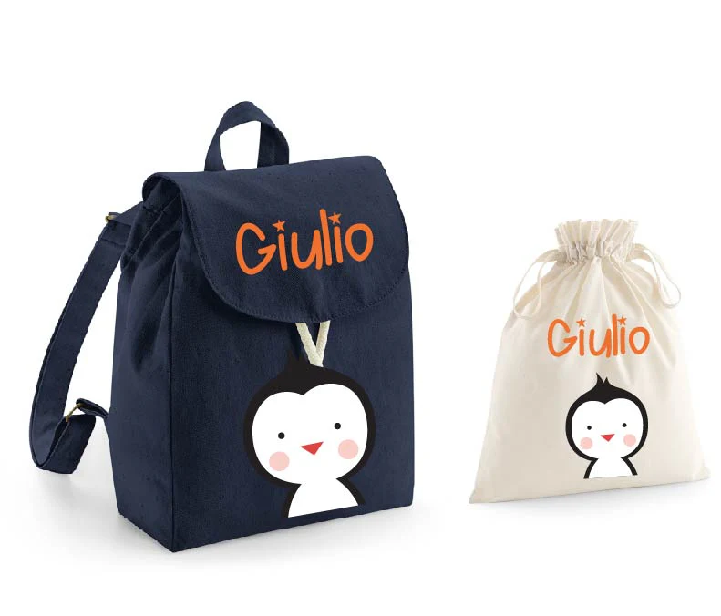 Zaino Asilo Bambino Personalizzato – Mini Zainetto con Nome Pinguino e sacchetto cambi