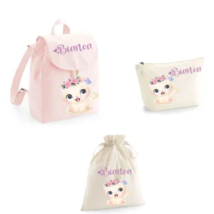 Set Asilo Completo Personalizzato – Mini Zaino, Sacchetto e Beauty Bambino Gattina