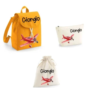 Set Asilo Completo Personalizzato – Mini Zaino, Sacchetto e Beauty Bambino Aereo Rosso