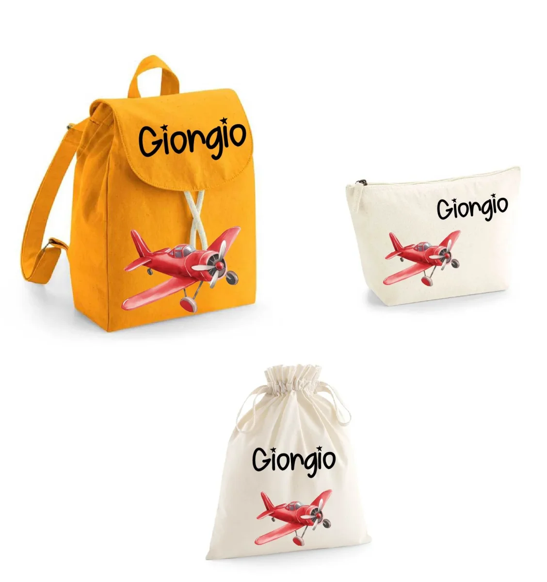 Set Asilo Completo Personalizzato – Mini Zaino, Sacchetto e Beauty Bambino Aereo Rosso - immagine 2