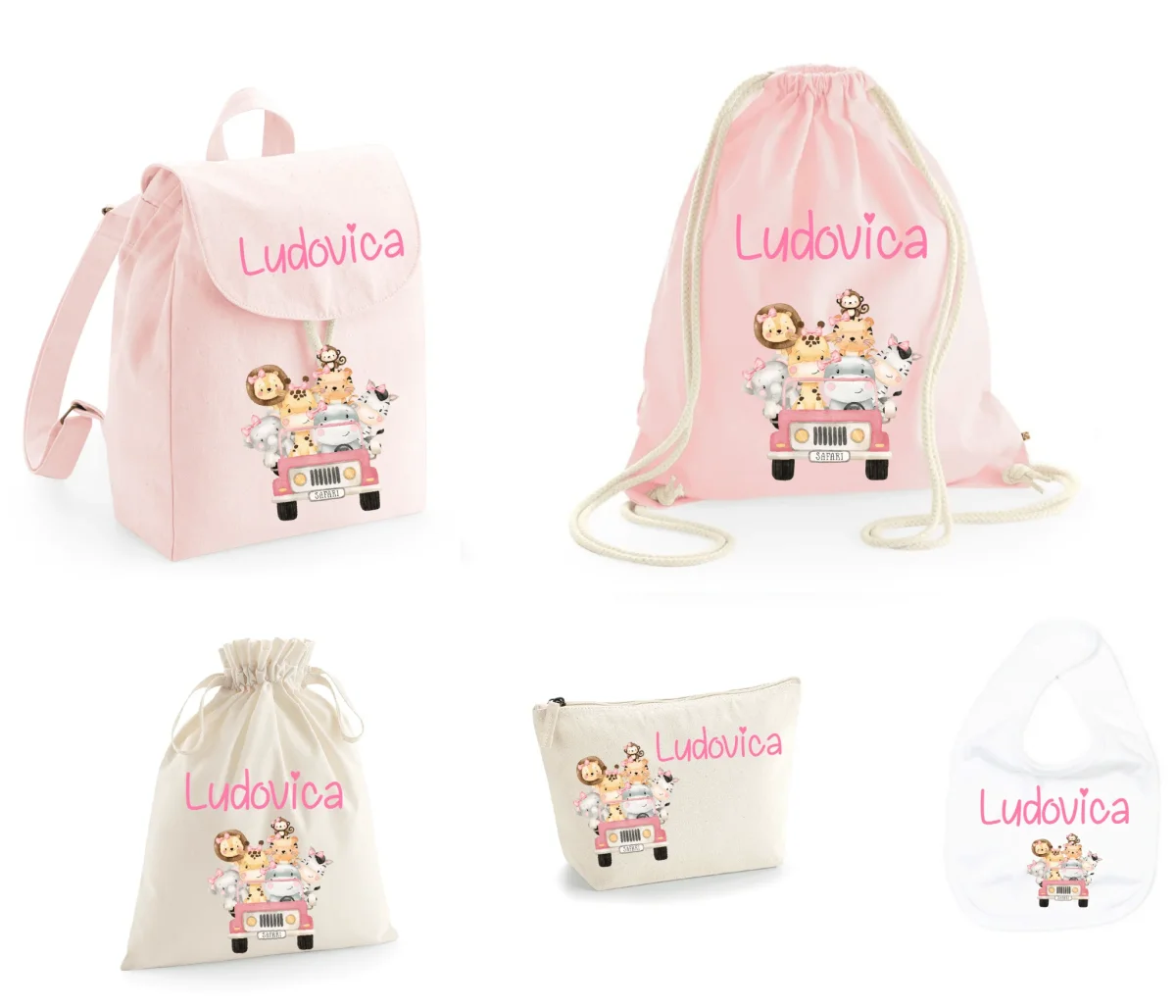 SUPER Set Asilo Completo Personalizzato – Mini Zaino, Sacchetto Beauty Bambino Safari Rosa - immagine 3