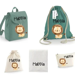 SUPER Set Asilo Completo Personalizzato – Mini Zaino, Sacchetto Beauty Bambino Leone Cucciolo