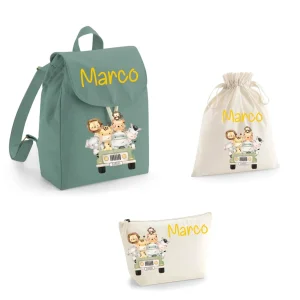 Set Asilo Bambino Personalizzato – Zaino, Sacchetto e Beauty Safari Verde