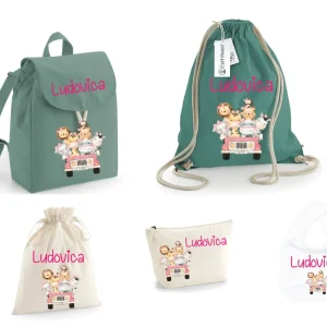 SUPER Set Asilo Completo Personalizzato – Mini Zaino, Sacchetto Beauty Bambino Safari Rosa